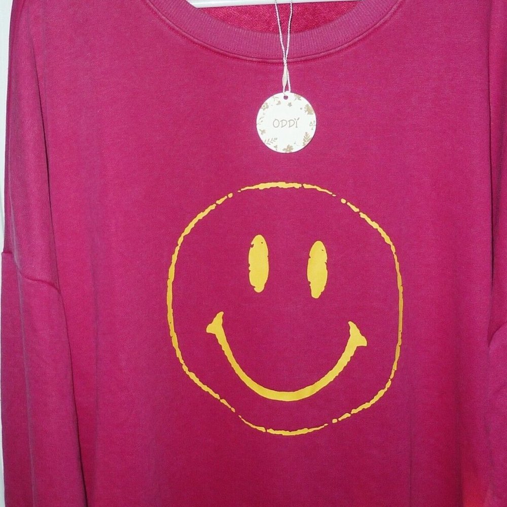 NWT Oddi Retro Smiling Face Fleece Sweatshirt Fuschia Plus 3X Very Over Sized - Picture 3 of 4